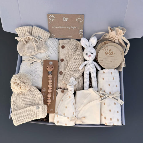 Baby box para recém-nascido com manta, roupa e brinquedo em tons naturais