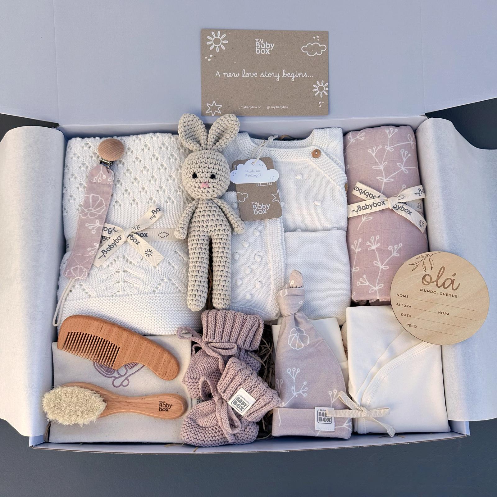 Caixa Bloom XL com swaddle, gorro e peluche rosa