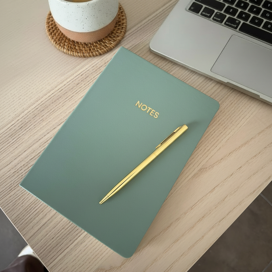 Caderno verde paralelo ao Mac 1:1